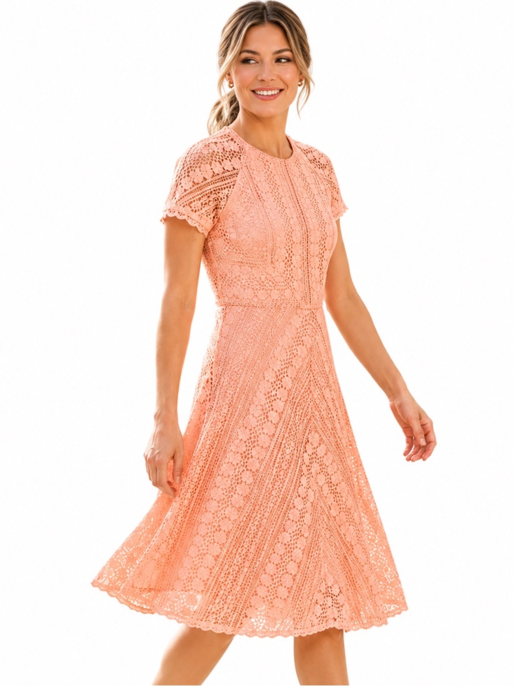 Antonio Melani NWOT Dante Lace Dress Sz 4 Sunset Peach Scallop Sleeve Fit & Flar